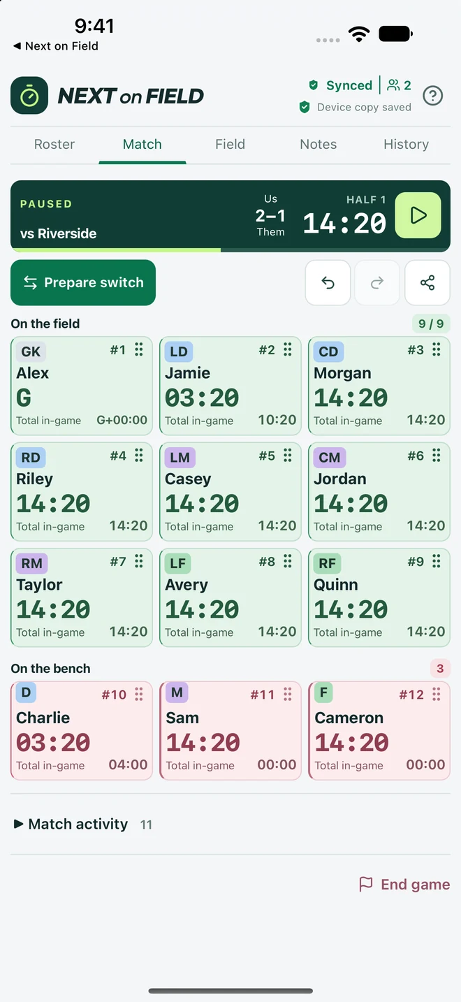 Match view showing sample players and their playing times