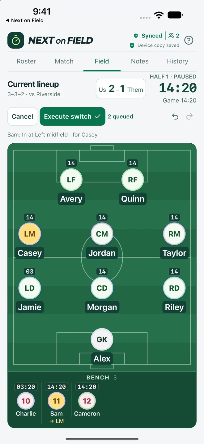 A prepared substitution with the incoming player highlighted